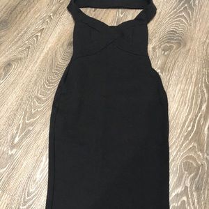 Black bare shoulder dress.